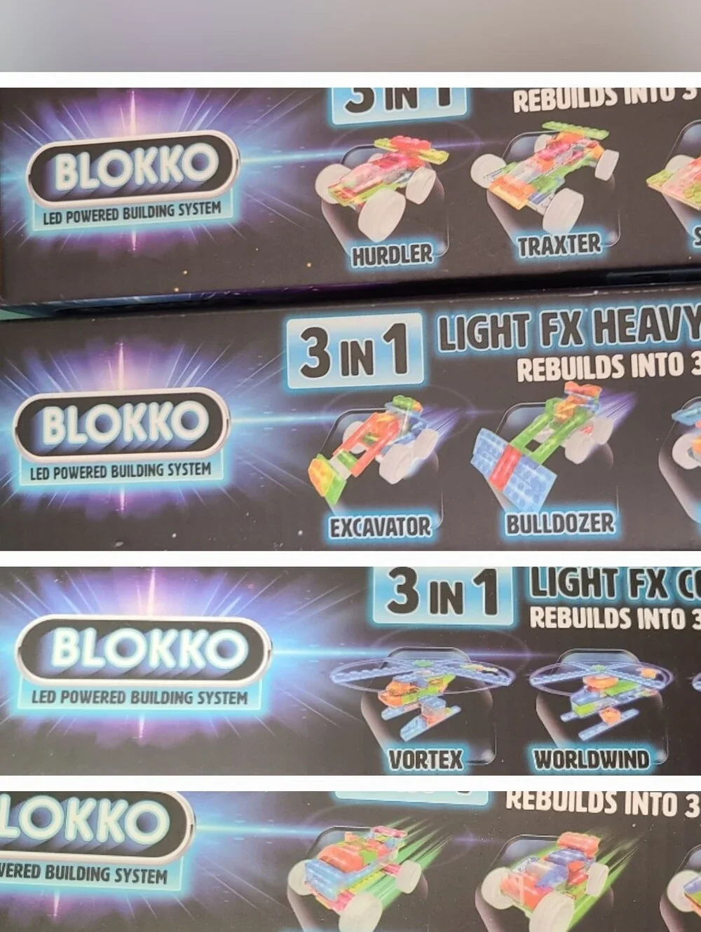 Blokko 4 Pack Of  Light FX 3 In 1  Building Sets. Lighted & Makes 12 Diff Models